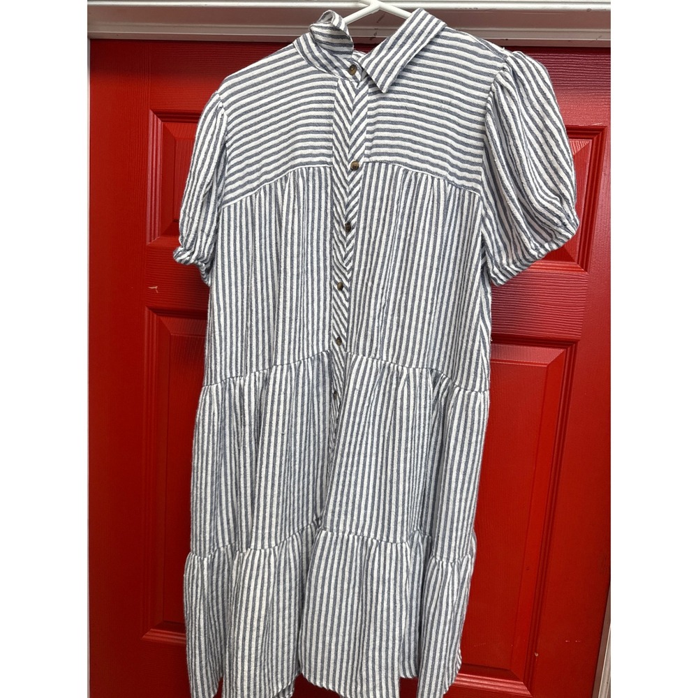 Jane Delancey Blue White Striped Tiered Button Front Mini Dress Small